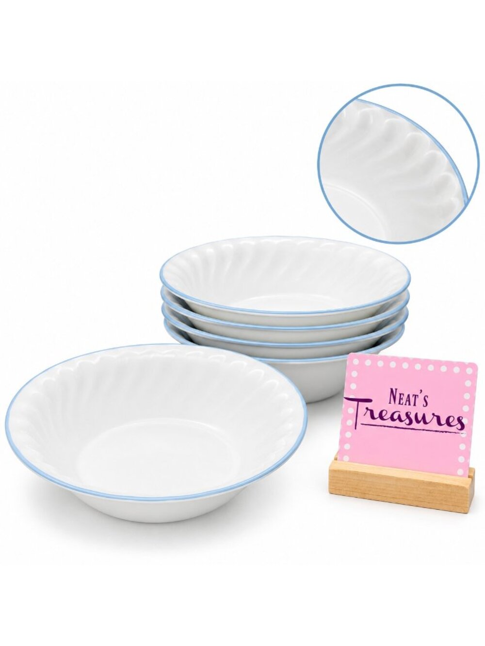 Corelle Corning PINK TRIO White Swirl Bluish Gray Trim Soup Cereal Bowls  Set 5